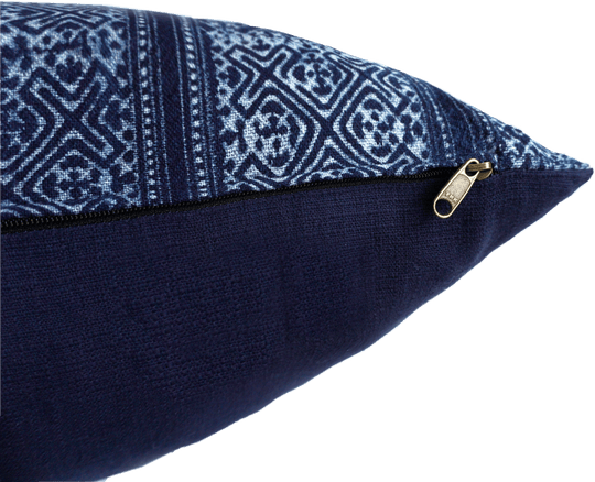 Side view of Indigo Hand Woven Batik Pillow Cover with Zipper from Indigo & Juinper.