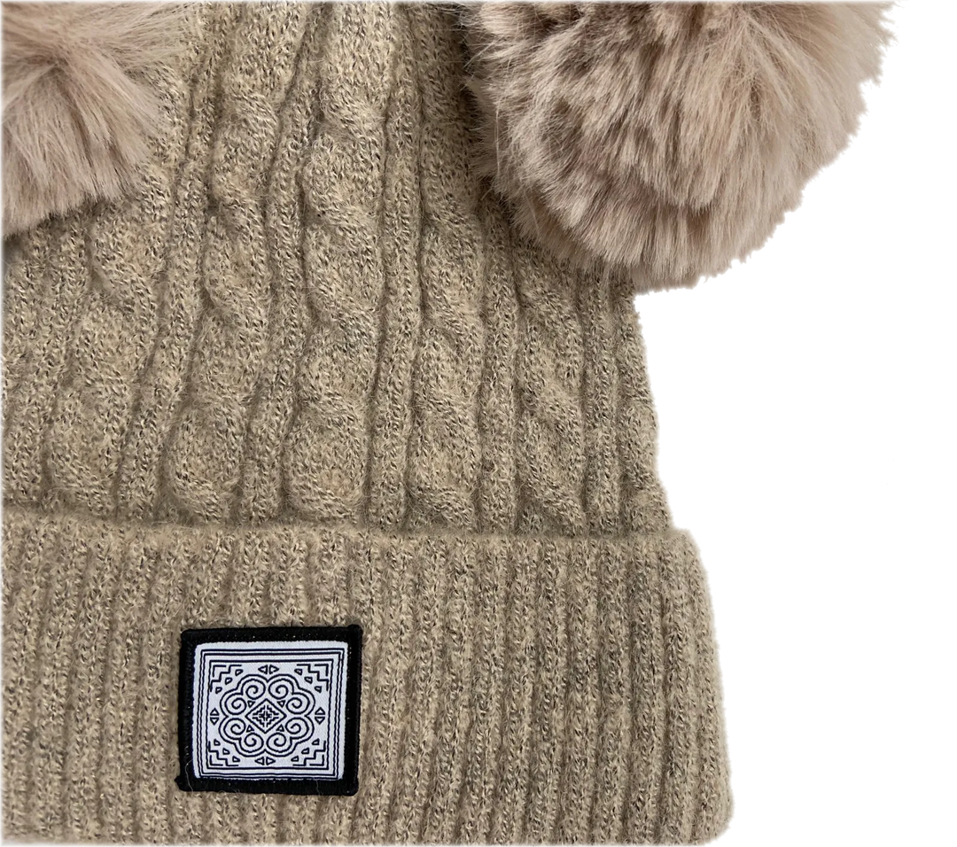 Tan Pompom Motif Beanie zoomed in