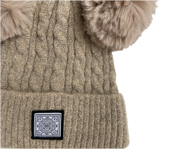 Tan Pompom Motif Beanie zoomed in