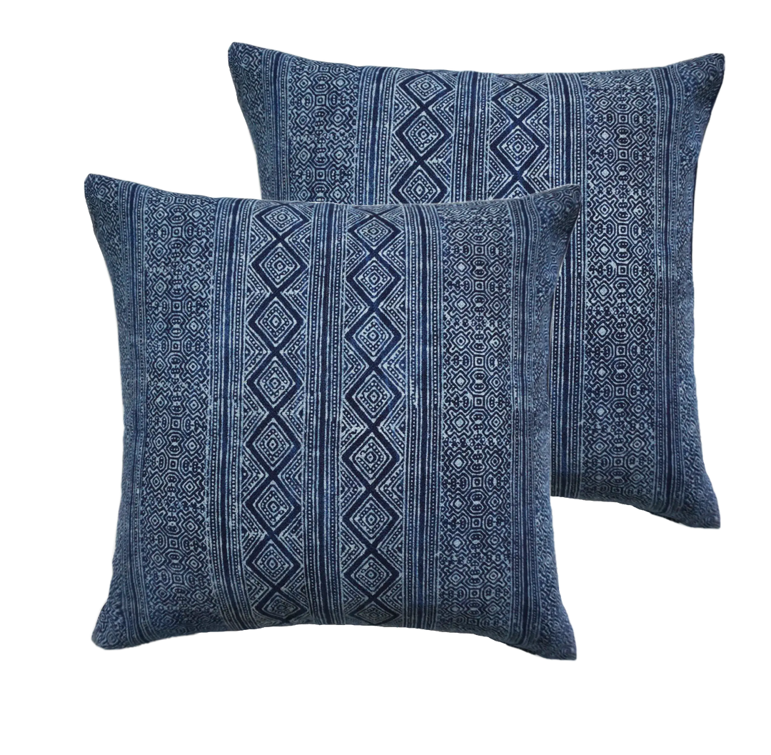 Two Blue Larkspur Batik Hand Woven Pillows