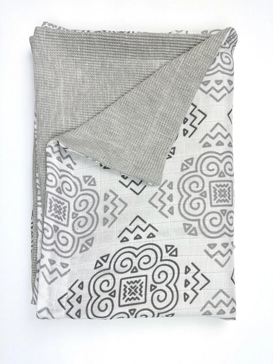 Gray Waffle Blanket with Hmong patterns folding out