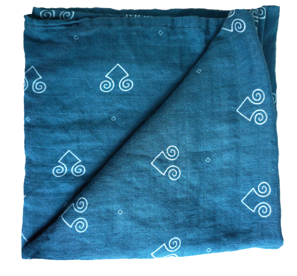 Presenting the Blue Ram Muslin Swaddle. The design was made by our in house Hmong artist and features a gender neutral styling and color way.