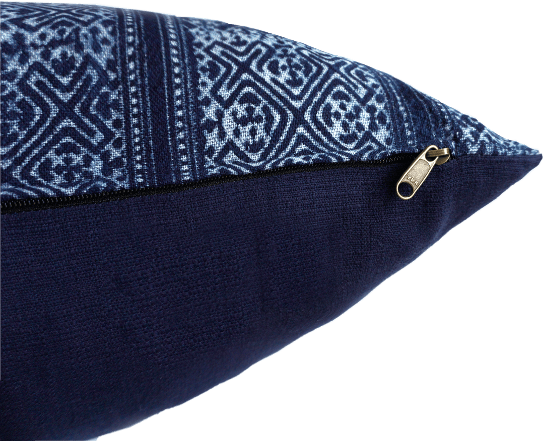 Side view of Indigo Hand Woven Batik Pillow Cover with Zipper from Indigo & Juinper.